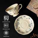 BOGZH Porcelain Vintage Tea Cup and Saucer Set for 1, 8 oz China Ceramic Coffee Mug with Gold Spoon, Small Latte Art Cappuccino Cup, Cream Blue Floral Design, tea party gifts for women