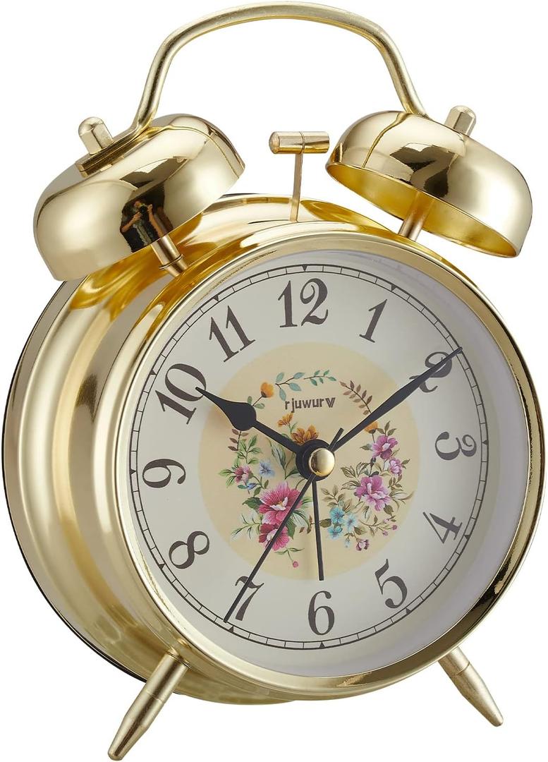 4" Loud Alarm Twin Bell Alarm Clock, Night Light, Desk Clock Table Alarm Clock Bedroom Alarm Clock(Golden Rural)