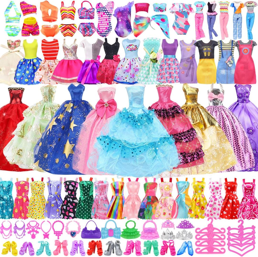 Ecore Fun 99 Pcs Doll Clothes Outfits and Accessories- 5 Princess/ Wedding Gowns 12 Fashion Dresses 2 Leisure Outfits 2 Bikini Swimsuits 10 Shoes and 57 Accessories for 11.5 inch Dolls,Girl Gift