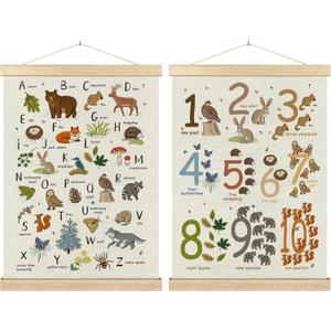 BCUANGD Alphabet Educational Wall Decor - Neutral Woodland Animals Poster Hanger with Wood Frames Set of 2, Kids ABC Numbers Wall Hanging Canvas Decor for Home Playroom Kids Room, 12x16 Inches