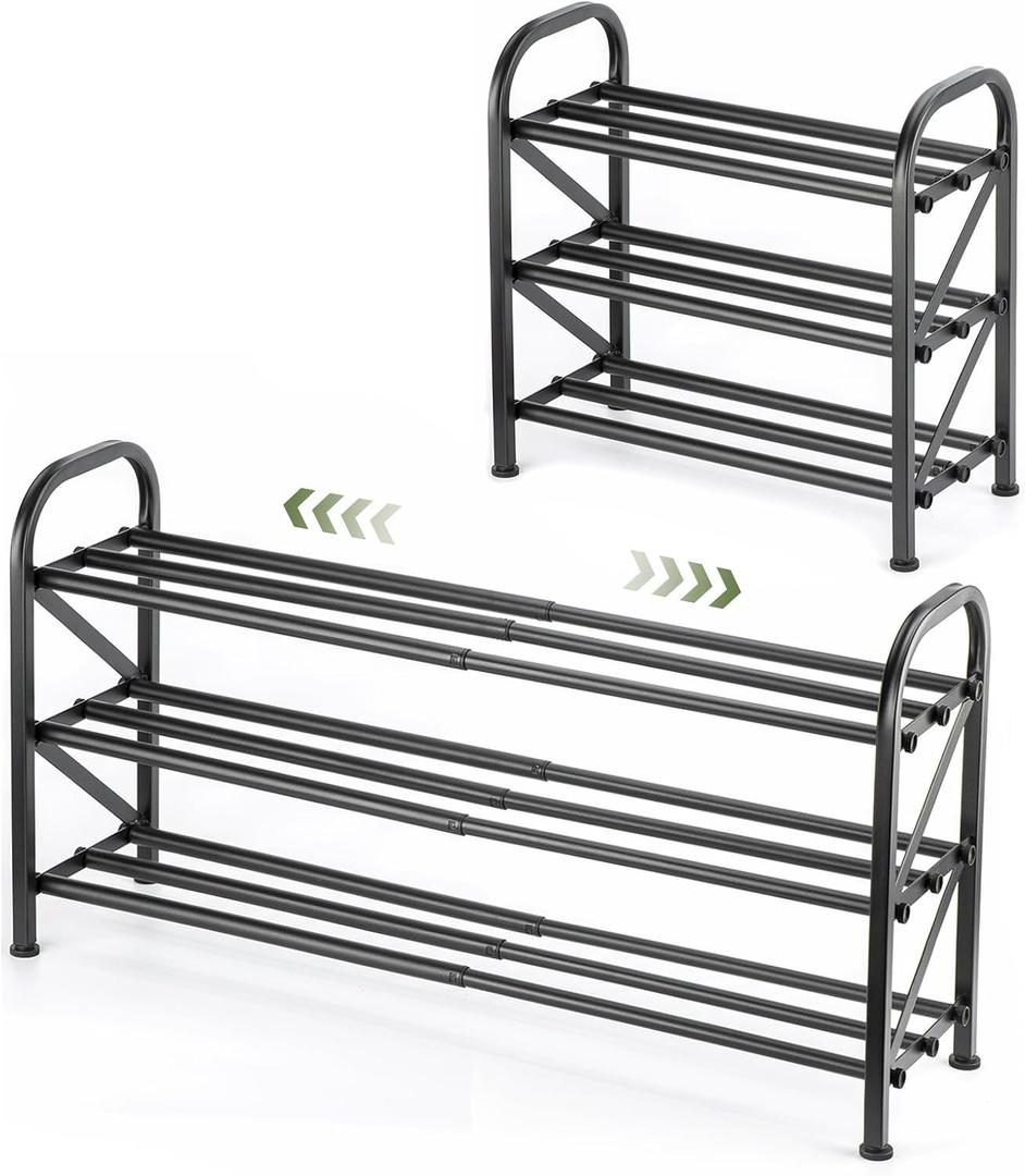 3-Tier Shoe Rack for Closet, 16"-33" Expandable Shoe Rack Adjustable for Entryway Closet Doorway Sturdy Metal, Black