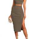 HUUSA Elegant 2 Piece Brunch Dress for Women Vacation Sexy Sleeveles Summer Cocktail Party Skirts Set Round Neck High Waist Slim Tank Dress Deep Khaki XL (XL)