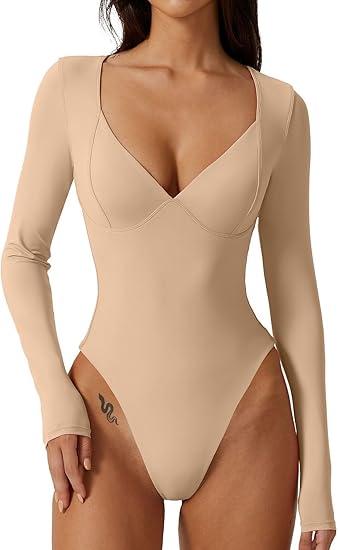KKP Women's One Piece Slim Top Long Sleeve Bodysuit V Neck Seamed Going Out Tops Shirt