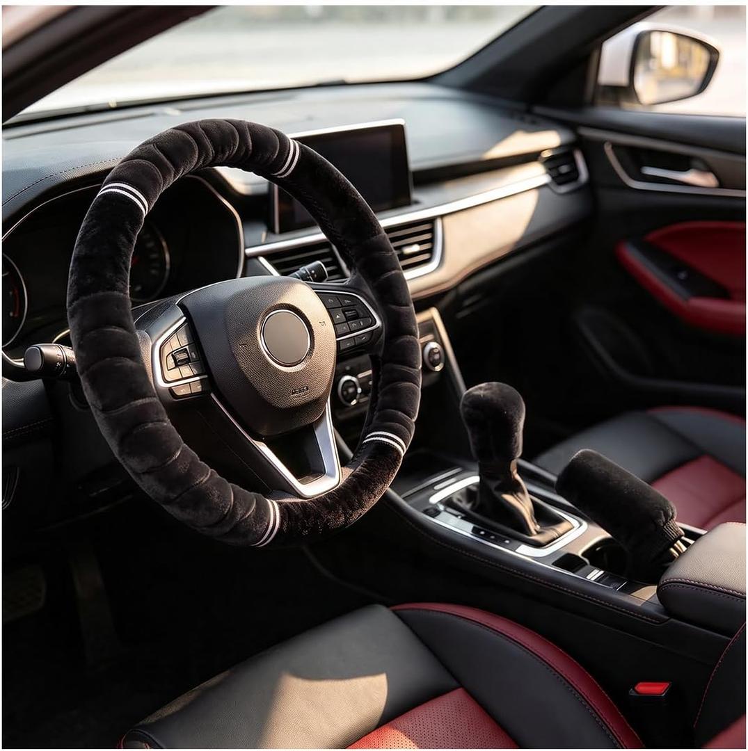 3PCS Car Steering Wheel Cover, Plush Soft Steering Wheel Cover Set with Handbrake Cover & Gear Shift Cover, Comfortable Winter Warm Car Decoration Accessories for Women Men (Black)