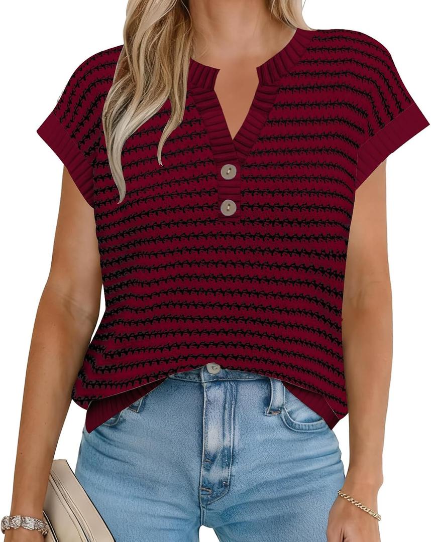 Women's Sweater Vest Spring Summer Button V Neck Striped Pullover Tank Top Cap Sleeve Knit Sweaters Tops (Green, S)