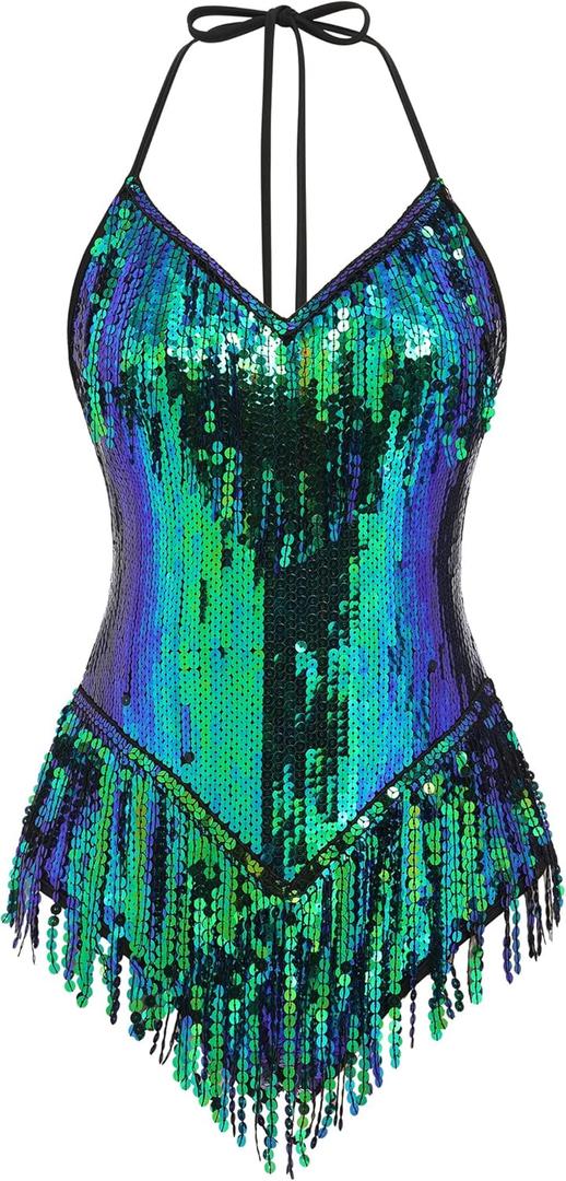 IBAKOM Sexy Sequins Fringe Bodysuit Halter Lace Up Back Jazz Latin Dance Tassel Leotard Acrobat Costume Rave Concert Outfits (Small, Green+ blue)