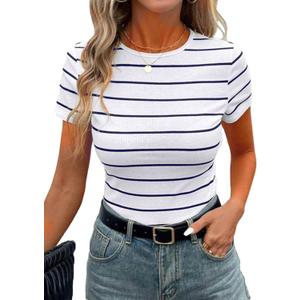 LilyCoco Womens Striped Short Sleeve T Shirts Crewneck Knitted Top Fitted Tee Blue Large (L)