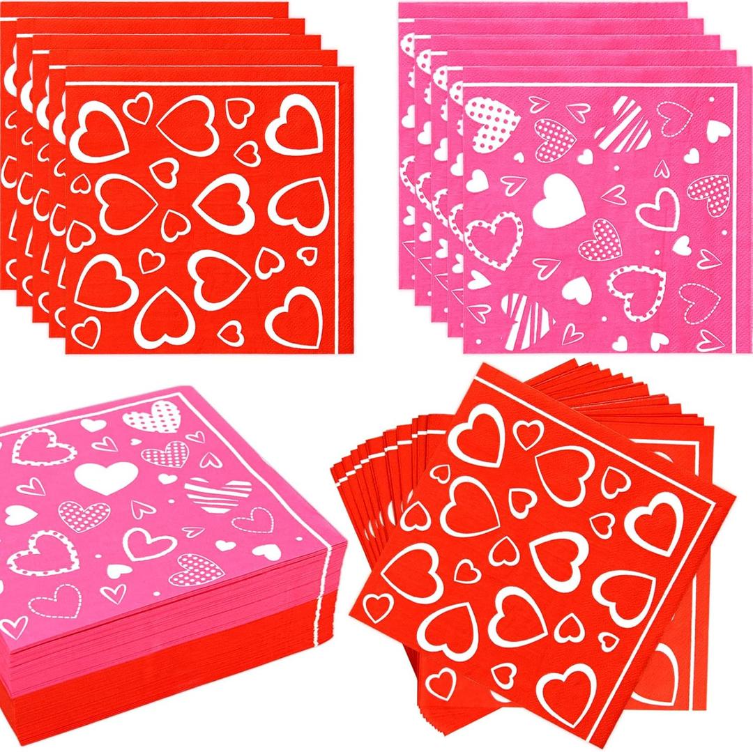 Fancy Land Valentine's Day Napkins 100 Pcs Valentines Disposable Paper Napkins Red Pink Heart Dinner Party Supplies
