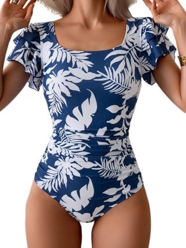 Eomenie Women's Tummy Control One Piece Swimsuit Ruffle Square Neck Bathing Suit Ruched Cutout Back Slimming Swimwear, Size: M