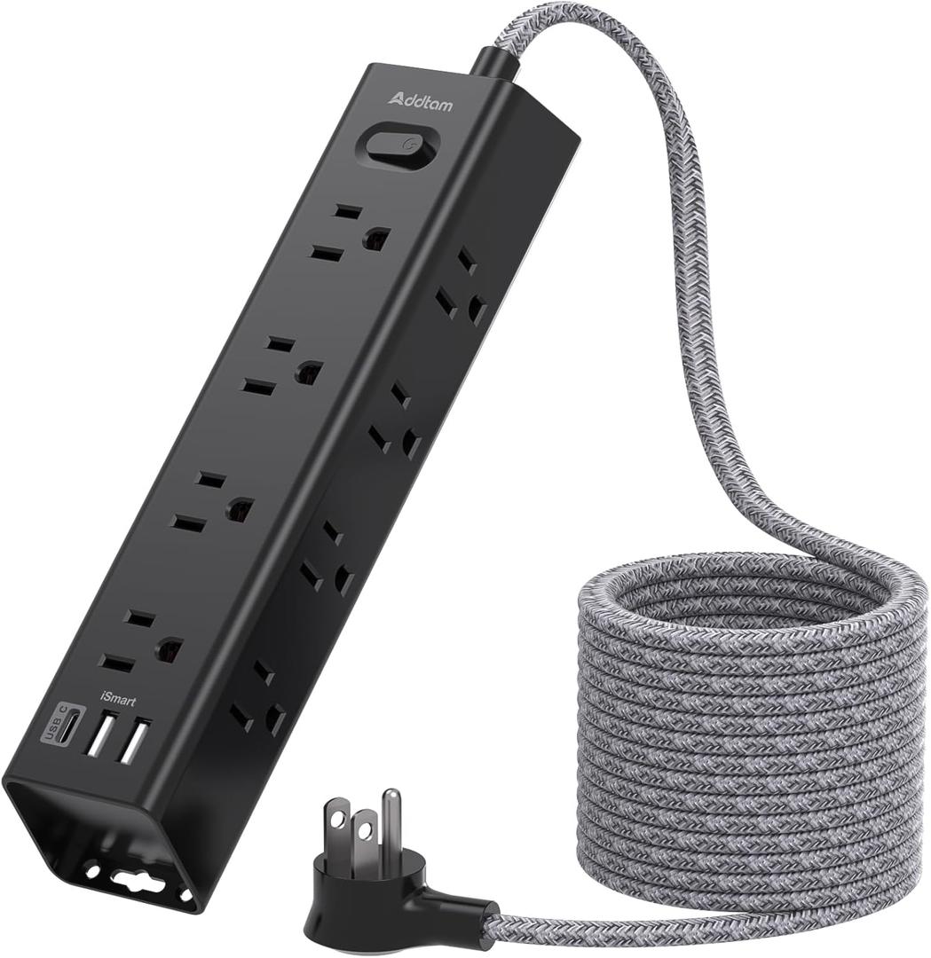 Surge Protector Power Strip - 5 FT Extension Cord, Power Strip with 12 Widely AC Outlet 3 USB, Flat Plug Wall Mount Overload Protection, 1050J, Desk Charging Station for Home Office, ETL Listed,Black