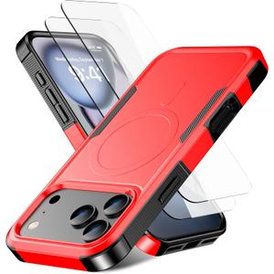 3 x Magnetic for iPhone 17 Pro Max Case [Compatible with MagSafe] [Shockproof] [Heavy Duty Protection] Pocket-Friendly & Tough Non-Slip Protective Phone Cover for iPhone 17 promax 6.9", Red