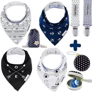 Dodo Babies Bandana Drool Bib Set Baby Essentials - 8-Piece Set Blue/Black/White - 4 Bibs, 2 Binky Clips & Pacifier Case - Cotton w/Polyester Lining & Adjustable Snaps 3-24 Months