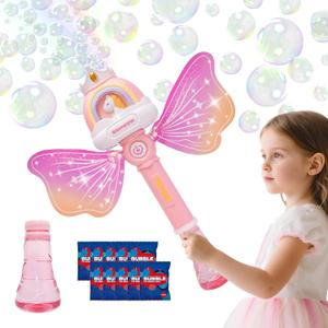 Bubble Wands for Kids Girls with Rotating Design, Outdoor Bubble Maker Toys for Kids Ages 3-8, Light Up & Music Fairy Wands, Party Birthday for 3+ Year Old Girls (Pink)