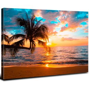 Sunset Ocean Wall Art Tropical Palm Tree Canvas Picture for Living Room Bedroom Coastal Beach Landscape Wall Decor Bathroom Nature Sea Waves Poster Seascape Artwork Home Bedroom Decoration 32x48