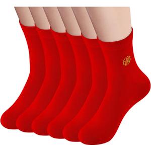 Men's Red Socks Crew Sports Casual Calf Socks, New Year Socks,Size 6-10 or 11-14,Red Embroidery (Fu) (6 Prs)