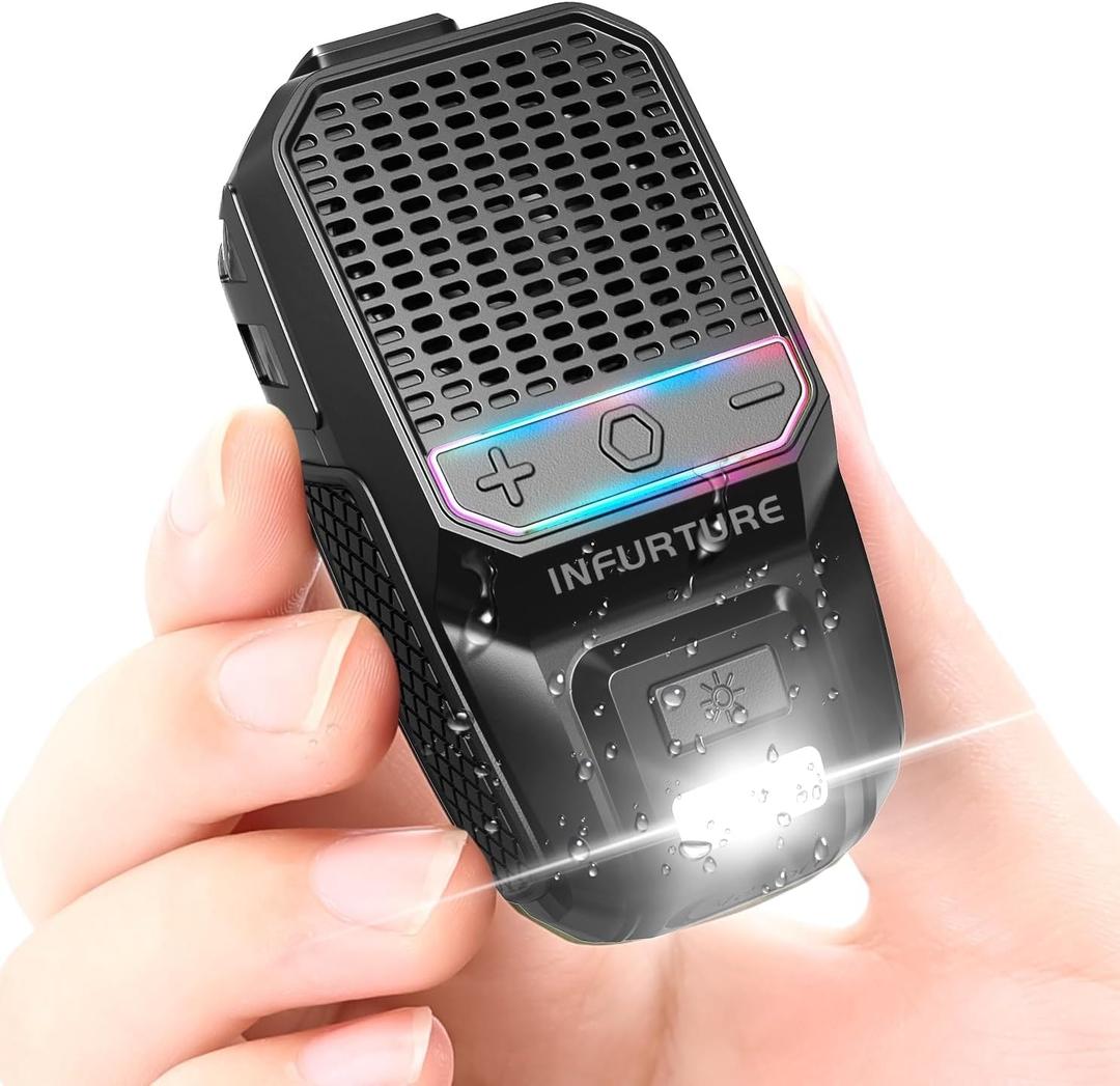 INFURTURE Wearable Bluetooth Speaker Clip on Speaker with RGB/Flashlight Shower Speake Built-in Noise Reduction Mic, Bathroom Speakers for Hands-Free Music/Calls-for Work/Riding/Outdoor, Ideal Gifts