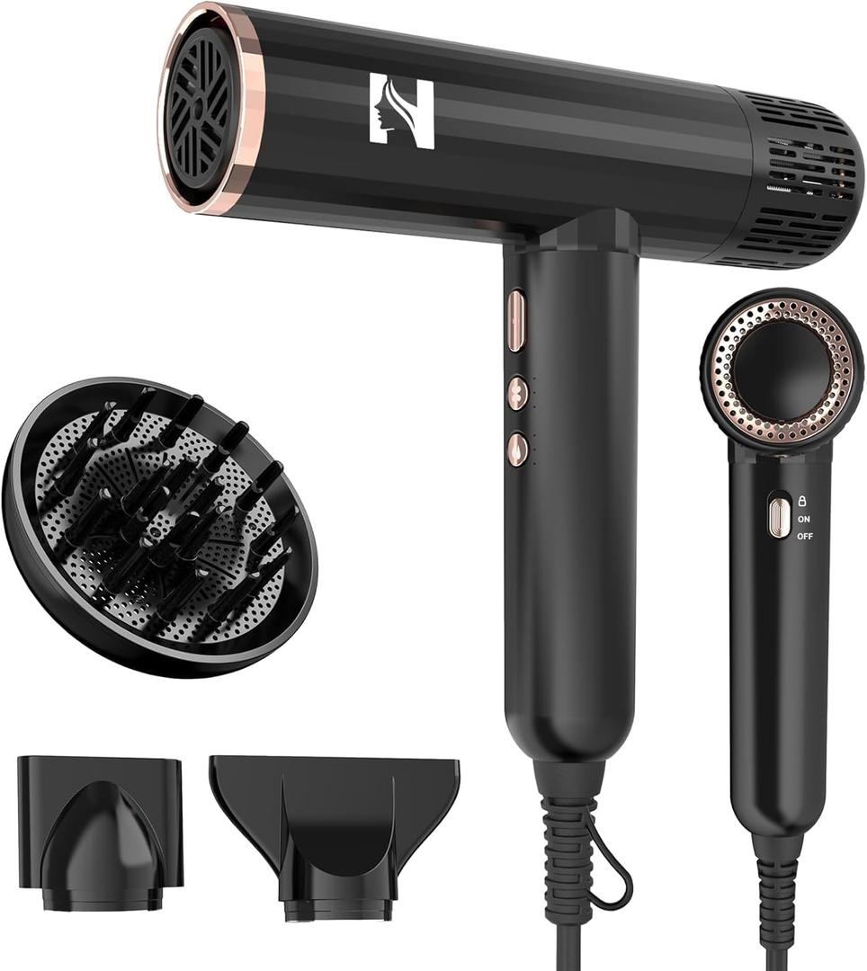 Nicebay Ionic Hair Dryer with diffuser for Curly Hair,1600W &110000RPM High-Speed Brushless Motor for Fast Drying, Professional Blow Dryer for Women, Low Noise, Lightweight, Lock Function, Travel Home Salon (Black & champagne gold)