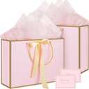 woric Pink Gift Bags with Handles, 14" Medium Gift Bags with Tissue Paper, 2 Pcs Pink Bags with 4 Tissue Paper and 2 Cards for Baby Shower Birthday Party Wedding Mother's Day