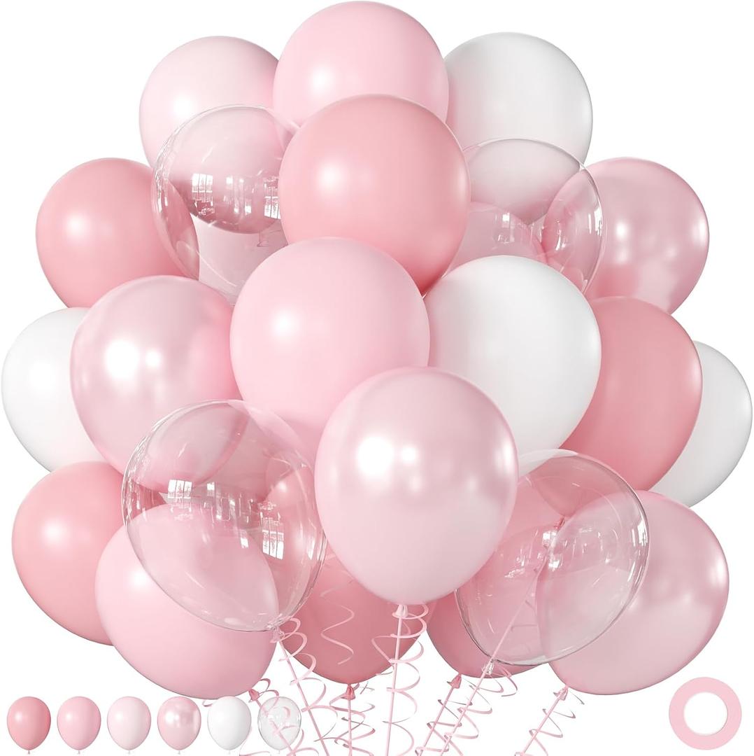 Pearl Pink Balloons, 60Pcs 12Inch Pink and White Balloons Including Double Stuffed Pink Pastel Macaron Light Pink White Clear Balloons for Wedding Bridal Shower Baby Shower Birthday Party Decorations