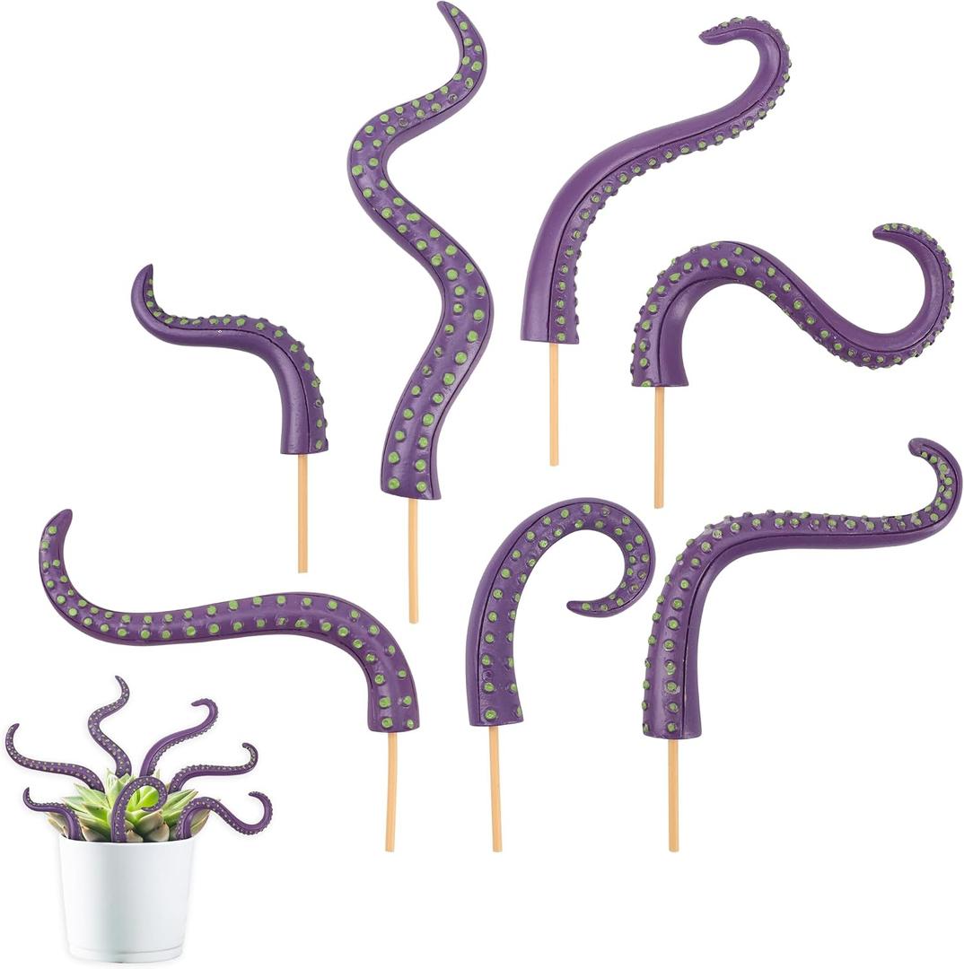4Pcs Octopus Tentacle Plant Stakes Glow in The Dark Resin Luminescent at Night Decorative Garden for Halloween, Funny Ornaments Octopus Weird Home Decor Supplies Potted Plants Indoor Outdoor (Purple)