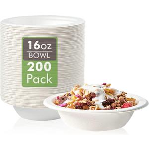Vplus 200 Pack 16 OZ Paper Bowls, Disposable Compostable Bulk, Eco-friendly Bagasse, Heavy-duty Bowls Perfect for Milk Cereals, Snacks, Salads
