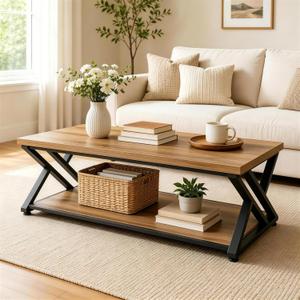 47 Inch Rustic Brown Coffee Table with Storage, 2 Tier Wood and Metal Rectangular Center Table for Living Room, Open Shelf, Industrial Style, 47.24"L x 23.62"W x 17.75"H