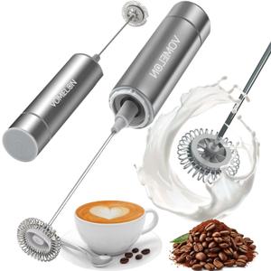 Milk Frother, Handheld Battery Operated Frother for Coffee,Portable Drink Mixer with 2 Stainless Steel Whisk Heads, Milk Foamer for Keto Coffee, Latte, Cappuccino, Hot Chocolate, Silver