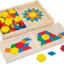Melissa & Doug Pattern Blocks and Boards - Wooden Classic Toy With 120 Solid Wood Shapes and 5 Double-Sided Panels, Multi-colored - STEAM Animals, Tangrams Puzzle For Kids Ages 3+