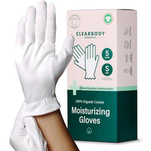 Clearbody Organics Guantes pequeos blancos 100% algodn orgnico  5 pares (10 piezas) para manos secas y agrietadas, reparacin hidratante reutilizable  Guantes blancos