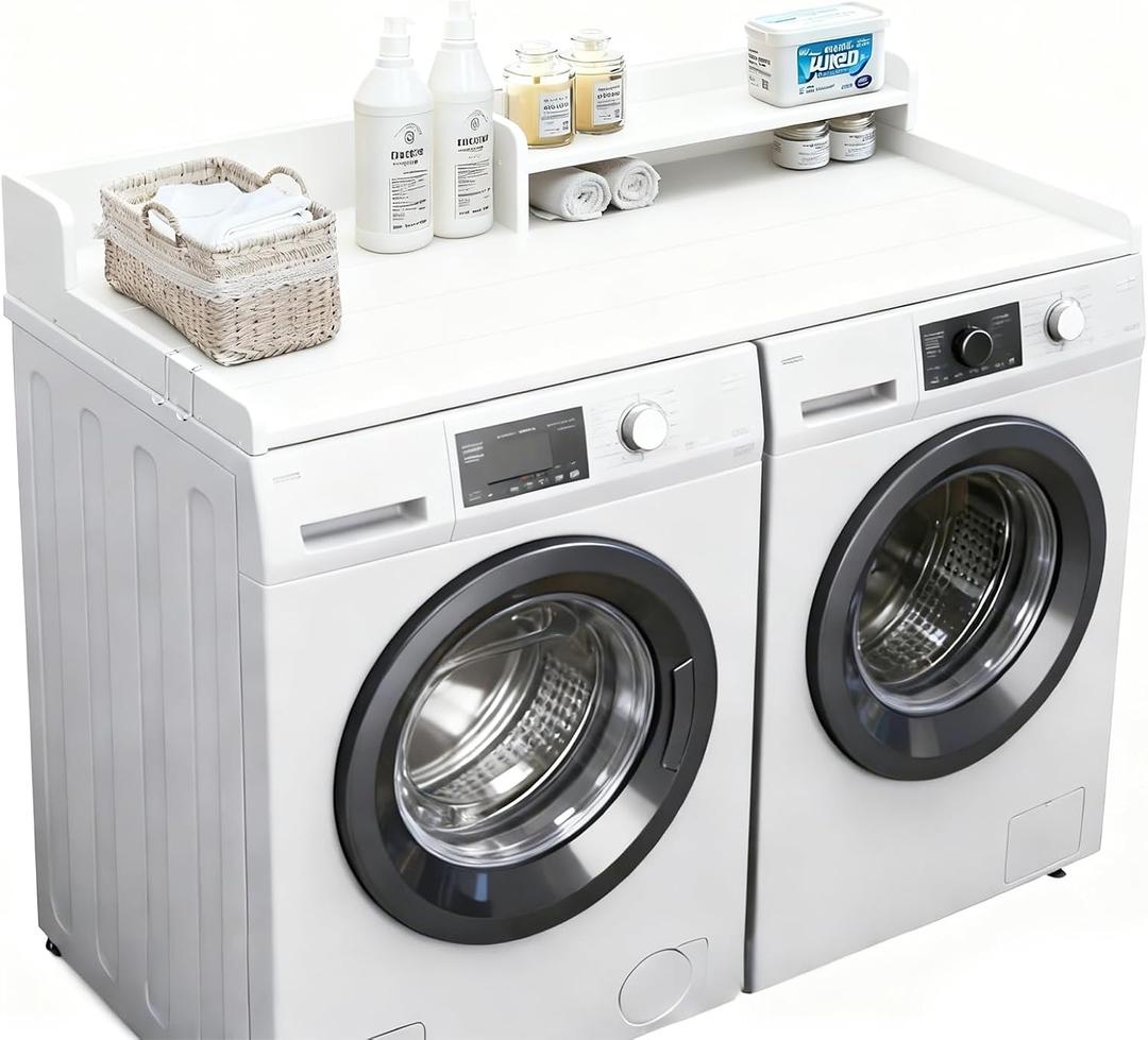 Washer Dryer Countertop, HDPE Laundry Countertop with Storage Shelf and Edge Rails-White