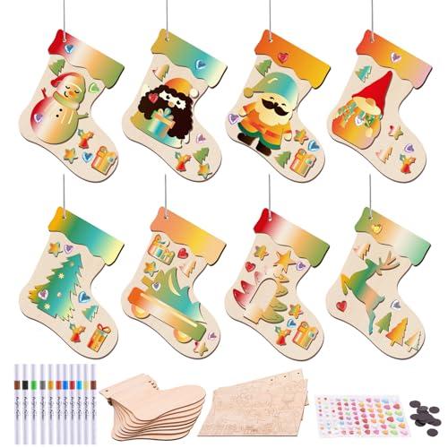 SIRPERICE 14PCS DIY Wooden Christmas Ornaments Set with 12 Markers and Diamond Stickers, Unfinished Wood Discs for Painting, Crafting and Holiday DIY Hanging Decorations