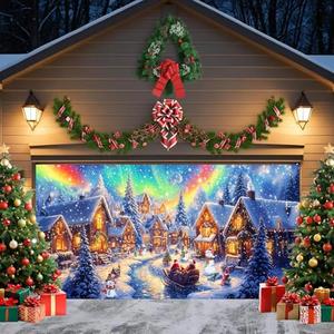 7X16ft Christmas Village Garage Door Cover Colorful Winter Snow Night Pine Tree Santa Claus Backdrop Xmas Fantasy Cartoon Fairy Tale Kids Party Decoration Outdoor Indoor Banner Cover