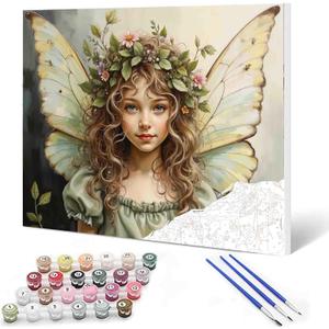 DIY Painting by Number for Beginner Blonde Curly Hair Girl Angle with Green Wings Paint by Numbers on Canvas Easy to Paint Artwork with Brushes and Paints for Home Decor 16x20inch (Frameless)