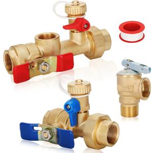 3/4in Tankless Water Heater Valve Kit with Pressure Relief Valve, IPS Isolator Tankless Water Heater Service Valve Kit, Suitable for rheem/rinai/ecosmart/navien/noritz/takagi/bosch