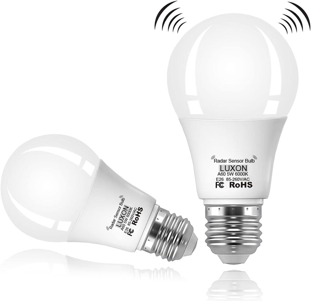 LUXON Radar Motion Sensor Light Bulbs,Dusk to Dawn LED Bulbs 5W 6000K Cool White,A19 E26 Base Night Lights Auto On/Off for Indoor Outdoor Basements, Porch,Courtyards, Garage Pack of 2