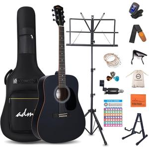ADM Dreadnought Acoustic Guitar Kit with Free Lesson for Beginner Adult Teen Full Size Acustica Guitarra Starter Bundle Set w/Bag Strap Tuner Capo Pickguard Music Stand Right Hand(Black 1, 41 Inch)