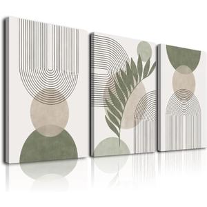 Sage Green Boho Wall Art Set of 3, Minimalist Framed Wall Art Geometric Line Leaf Sun Moon Beige Green Canvas Artwork Paintings, Abstract Botanical Boho Room Decor, Office, 12"x16"