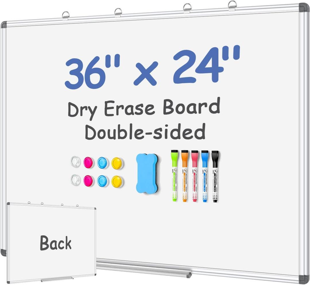 EAONE Magnetic Dry Erase Board for Wall 36 x 24, Double Sided White Board, Silver Aluminum Frame Whiteboard Kit for Office Home School, with 1 Dry Eraser & 4 Magnetic Pins & 5 Multicolor Markers