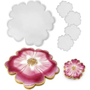 RESINWORLD 13'' Large Floral Tray Mold + 4'' Flower Geode Coaster Silicone Molds (No Designs, 5 Pieces, White, Silicone, Single Piece Construction)