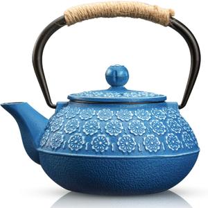 Sotya Cast Iron Teapot, 30oz/900ml Japanese Tetsubin Tea Pot with Infuser for Loose Leaf and Tea Bags, Tea Kettle Coated with Enameled Interior for Stove Top, Dark Blue