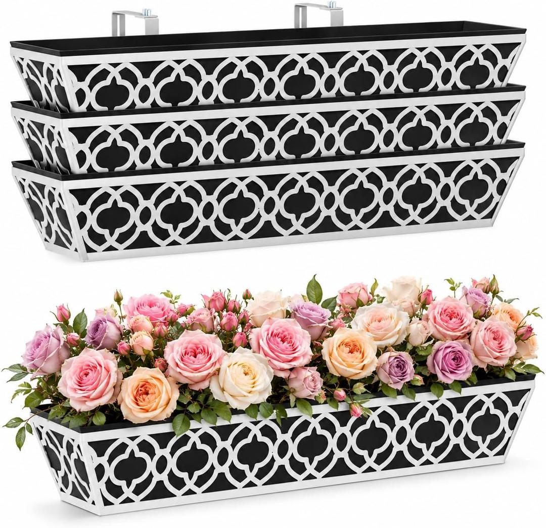4 Pack 30 Inch Railing Planter Boxes with Adjustable Brackets & Non-Woven Liner, Deck Window Hanging Flower Box for Balcony, Fence, Patio, Outdoor Garden, Gray