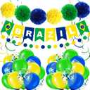 RoundFunny Brazil Flag Party Decorations Brazilian Theme Kit with Banner, Green Yellow Blue Balloons, Pom Poms, Swirls DIY Supplies for Carnival Independence Day Soccer Sports Event