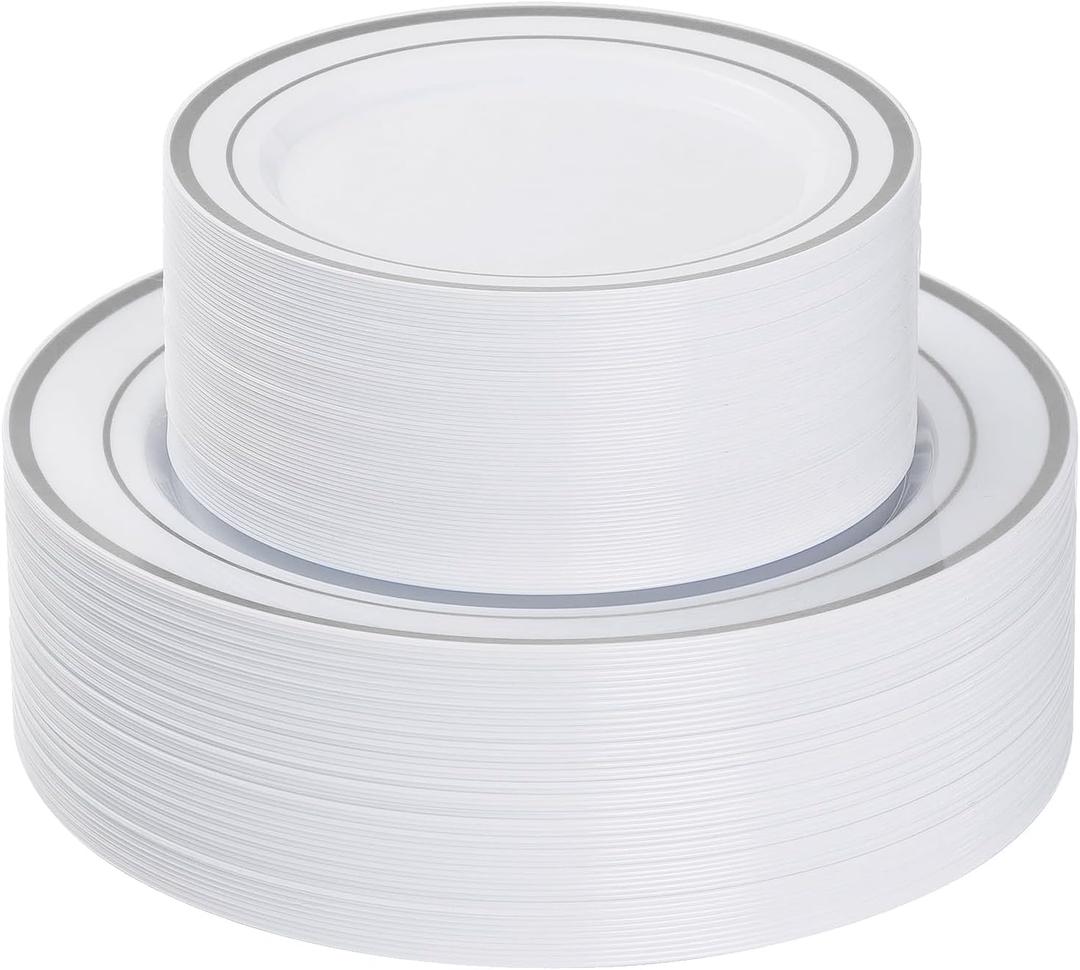Goodluck 120PCS Silver Plastic Plates, Heavy Duty Disposable Silver Plates with 60 10.25 inch Dinner Plates and 60 7.5 inch Dessert Plates, Disposable Plates for Party, Holiday, Wedding