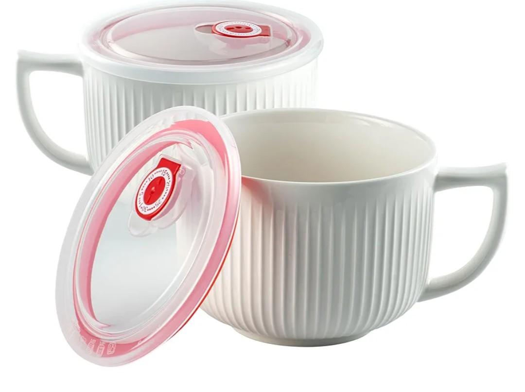Oversized Soup Bowls with Handles, 38oz Microwave Ramen Bowl with Lid, Jumbo Soup Mug for Ramen, Noodle, Cereals, Soup Container with Lid, Dishwasher Safe - set of 2 (White)