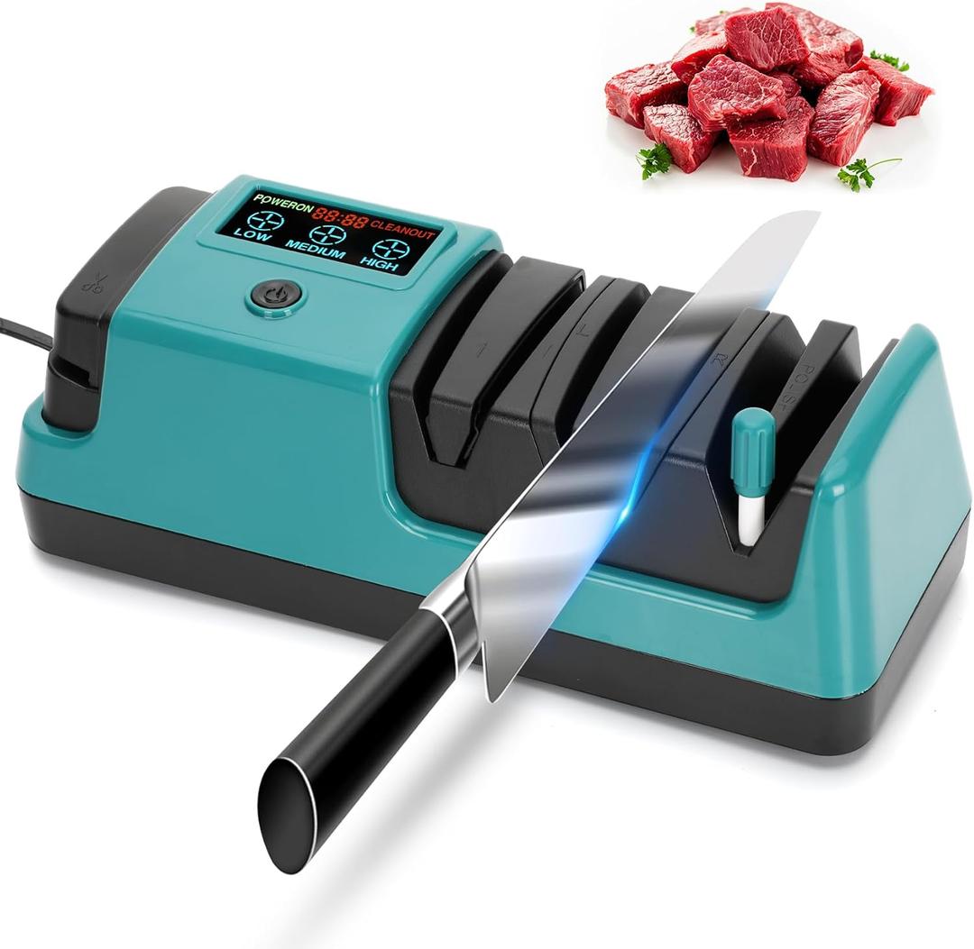 Electric Knife Sharpener with LCD Screen for Straight, Serrated, Meat Cleaver, Ceramic Knives & Scissors, 3 Rotational Speed Adjustable Electric Kitchen Knife Sharpener, 100% Diamond Abrasives (Green)