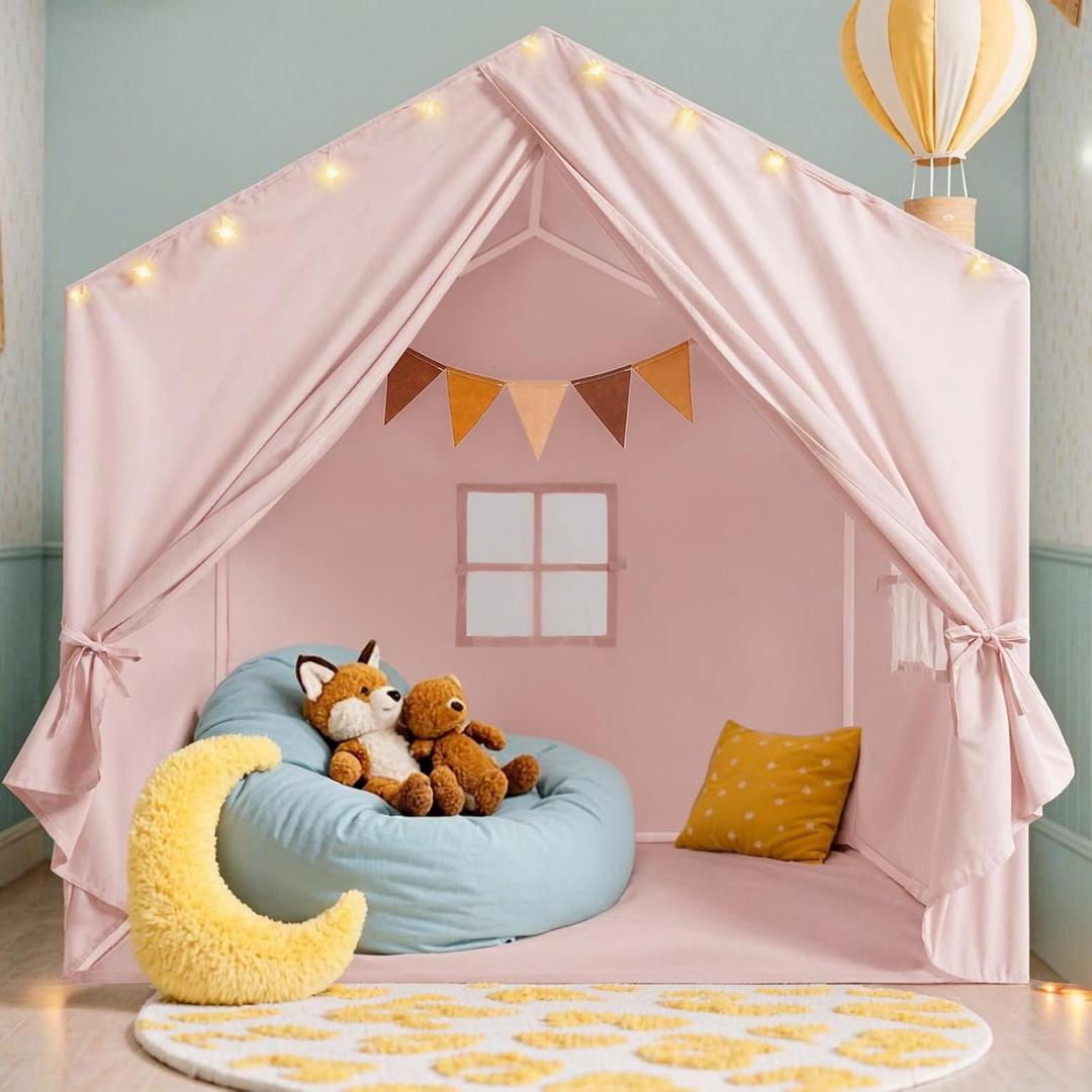 Kids Tent, Play Tent with Star Lights, Large Play Tents with 2 Windows, Kids Playhouse Indoor & Outdoor, Reading Nook, Christmas Toddler Tents for Girls & Boys, 52" x35" x 51", Pink