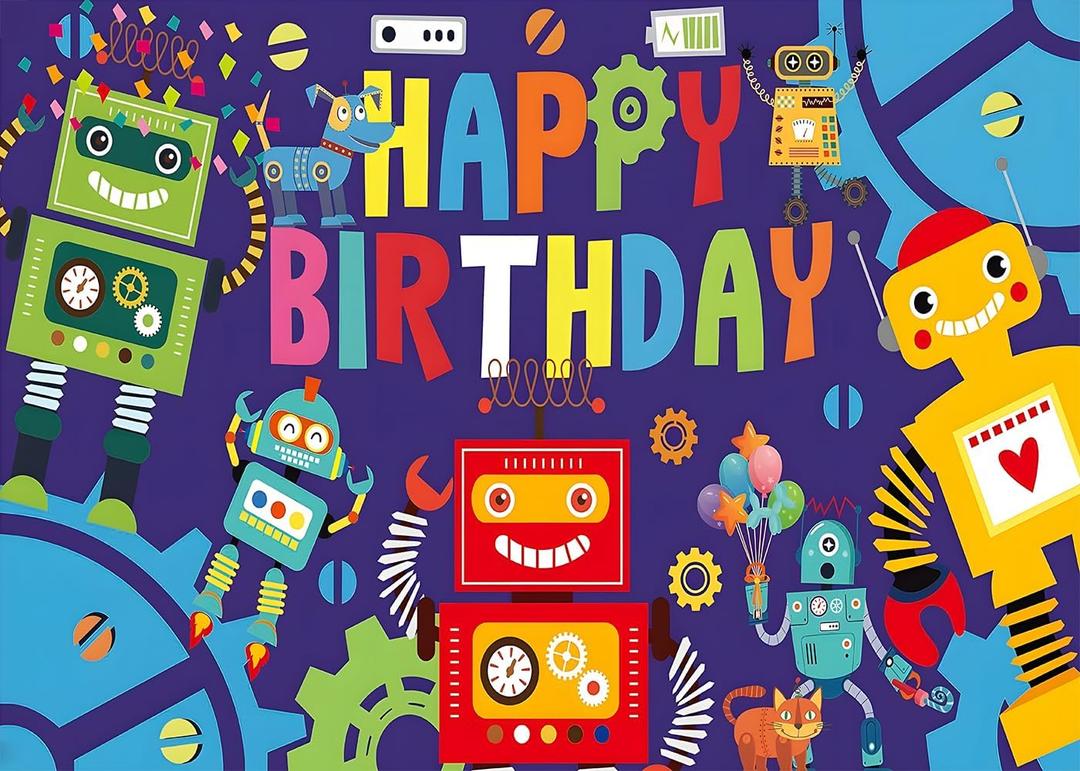 7x5 FT Robot Birthday Party Backdrop Robot Gear Robot Kids Boys Birthday Party Photography Background Gear Up Robot Party Supplies Decorations Banner Photo Booth Props