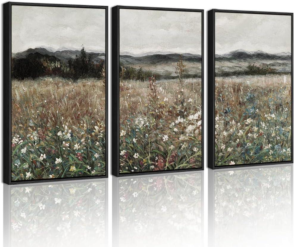 SHENIFY Vintage Landscape Framed Wall Art Meadow Flowers Farmhouse Decor Retro Classic Painting for Kitchen Living Room Bedroom Bathroom - 12x16in3pcs Black Framed