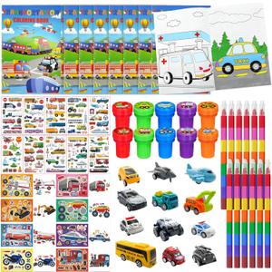 Cinrobiye 72 Pcs Transportation Party Favors Set, Vehicle Car Coloring Books Crayons Tattoos Stickers Stampers, Birthday Supplies Goodie Bag Fillers, Race Car Party Decorations