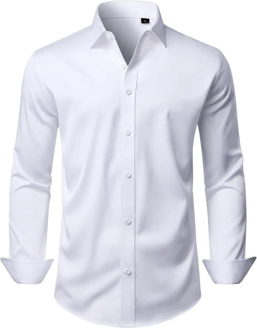Mens Wrinkle-Free Dress Shirts Long Sleeve Stretch Flex Button Down Shirt | Regular Fit, Back Darts, Crisp Collar, Adjustable Cuffs, Easy Care, Business Casual, Button Up, Professional, Wedding, Prom (White, XXL)